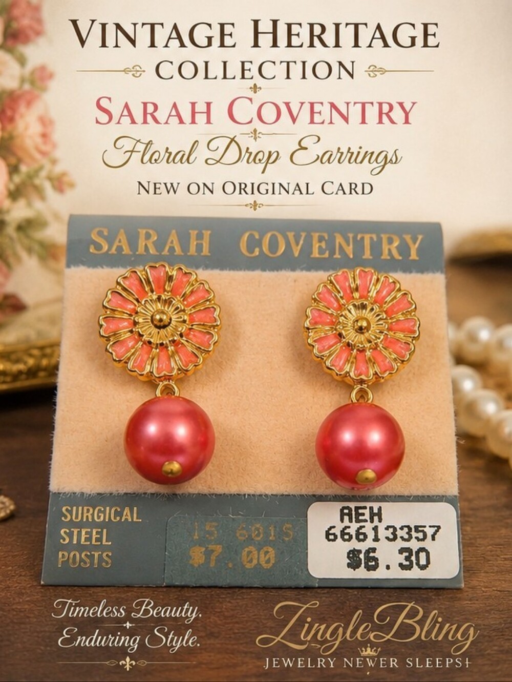Vintage Sarah Coventry Pink Enamel Floral Pearl Drop Earrings NOS